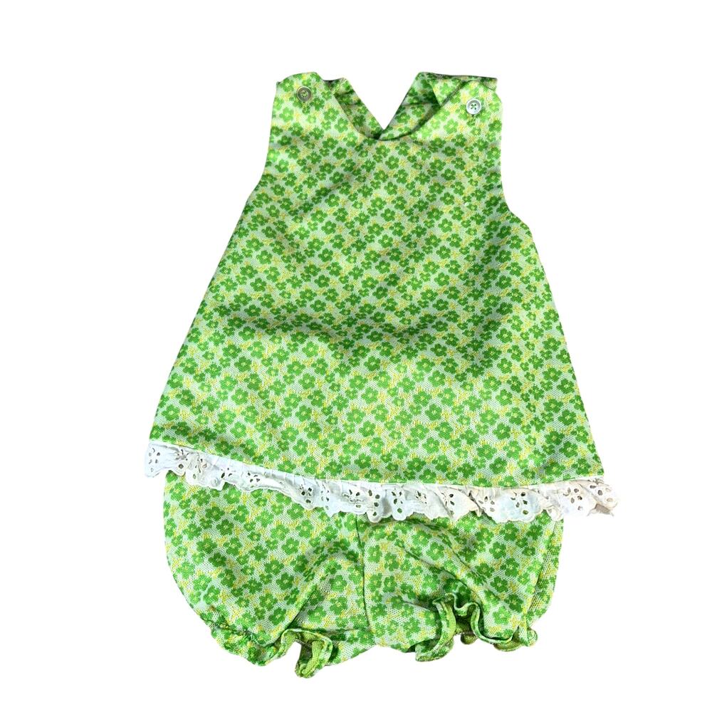 Vintage 1970s Green Textured Floral Criss Cross Back Baby Romper & Diaper Cover